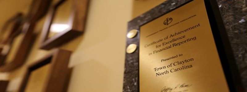 A Certificate of Achievement for Excellence in Financial Reporting awarded to the Town of Clayton