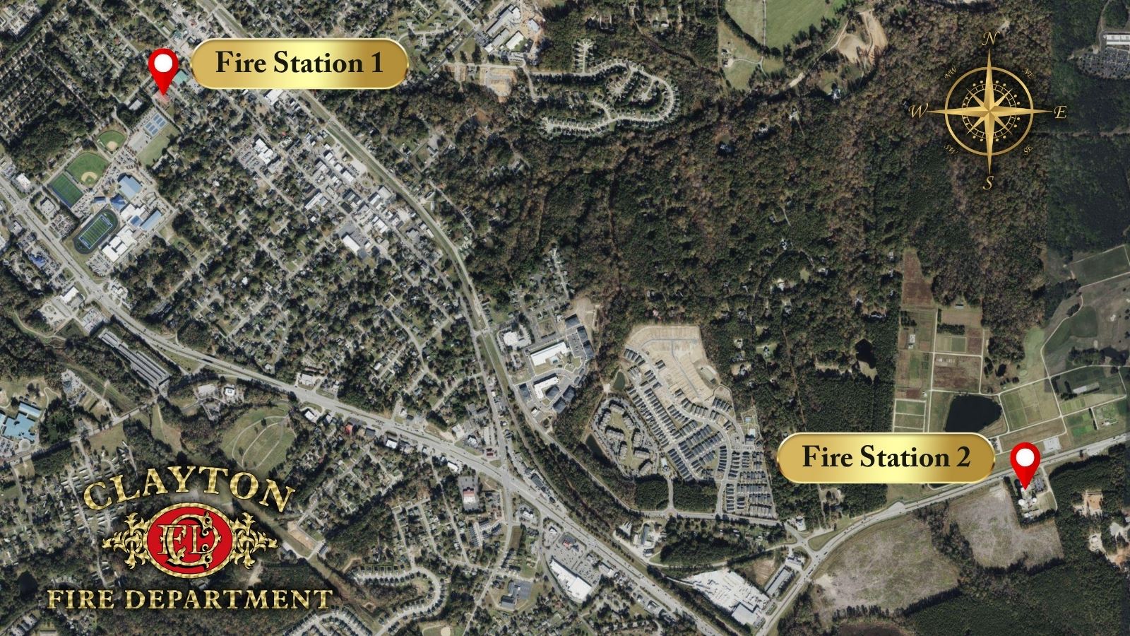 Map of Clayton Fire Stations 1 and two with compass and Clayton fire department scroll
